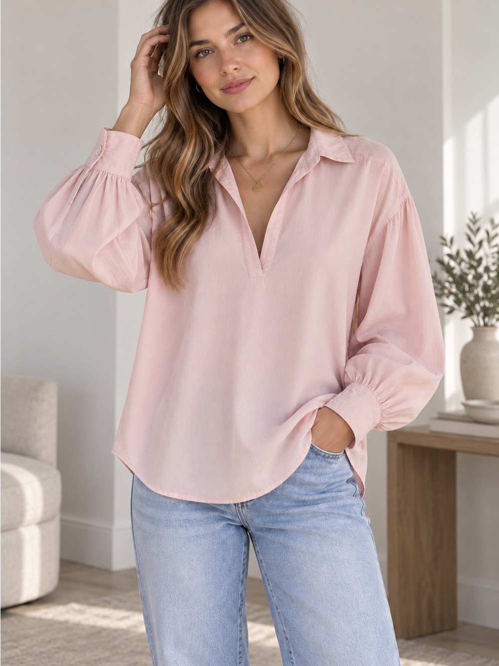 We The Free Blush Pink V-Neck Balloon Sleeve Blouse
